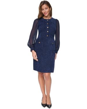 Eliza J Crewneck Sheer Long-sleeve Knee-length Dress - Blue