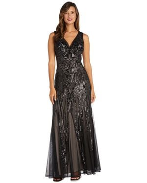 R & M Richards Sequined V-neck Godet Gown - Black