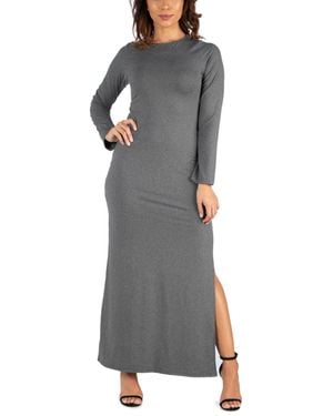 24seven Comfort Apparel Long Sleeve Side Slit Fitted Maxi Dress - Gray