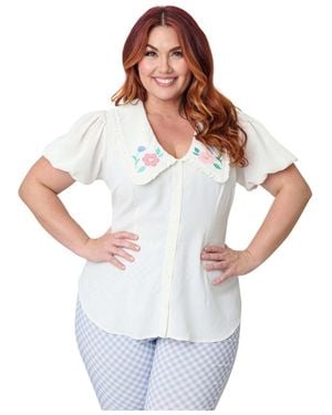 Unique Vintage Plus Size Short Sleeve Oversized Collar Blouse - White
