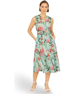 Yumi' Floral Print Mesh Stretch Midi Dress - Green