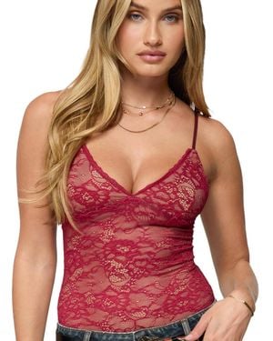 Edikted Nolyn Sheer Lace V Neck Bodysuit - Red