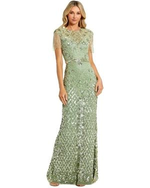 Mac Duggal Petite Beaded Fringe High-neck Fitted Evening Gown - Green