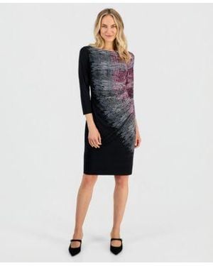 Kasper Boat Neck Side Pleat 3 4 Sleeve Dress - Blue