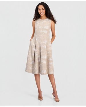 Kasper Petite Box Pleated Crewneck Midi Dress - Natural