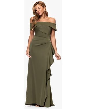 Xscape Off-the-shoulder Ruffled Side-slit Gown - Green