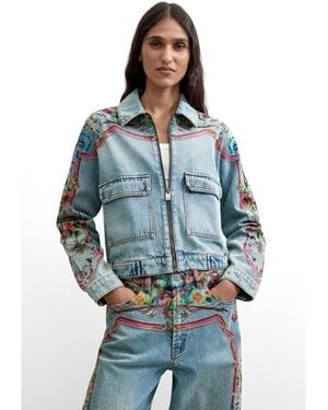 Desigual Printed Denim Jacket 100% Cotton, Cotton - Blue