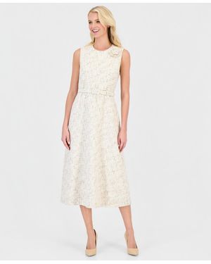 Anne Klein Tweed Rosette Belted Midi Dress - White