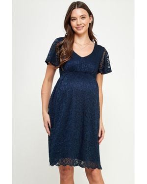 Hello Miss Maternity Floral Lace Empire Waist Short Sleeve Dress - Blue