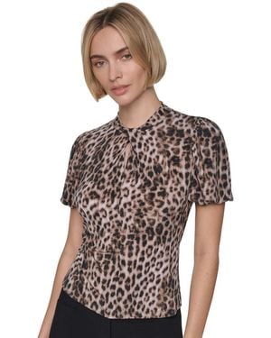 DKNY Petite Balloon-sleeve Keyhole Blouse - Gray