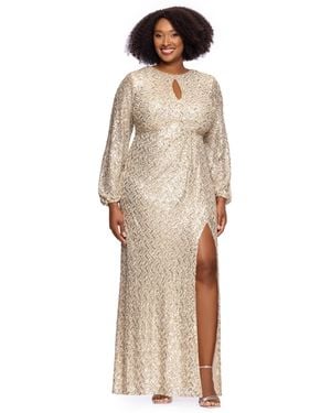 Xscape Plus Size Allover-sequin Keyhole Long-sleeve Gown - Natural