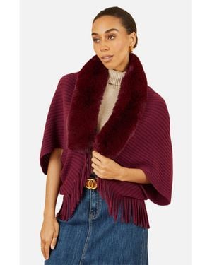 Yumi' Fur Collar Shrug With Tassel Hem - Red
