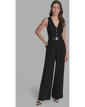 BCBGMAXAZRIA Belted V-neck Sleeveless Jumpsuit - Black