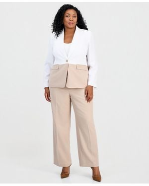 Le Suit Plus Size Colorblocked One-button Peplum Jacket & Fly-front Wide-leg Pants Suit - White