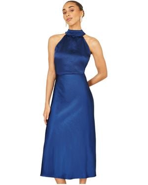 Yumi' Satin Halter Neck Midi Dress - Blue