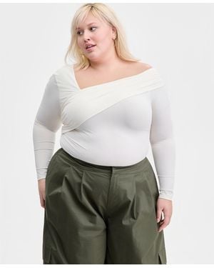 BarIII Trendy Plus Size Asymmetrical-neck Long-sleeve Top - Gray