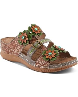 L'ARTISTE Brash Hand-painted Floral Leather Wedge Sandals - Brown