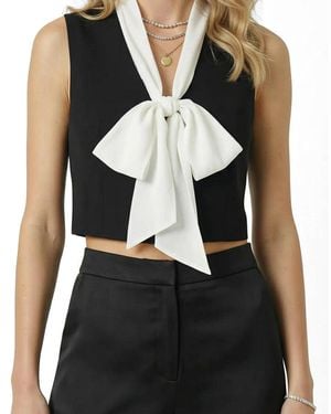 Modenaire Contrast Bow Tie Neck Cropped Top - Black