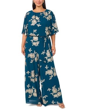 Msk Plus Size Floral-print Wide-leg Blouson Jumpsuit With Belt - Blue