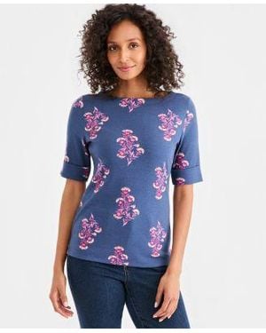 Style & Co. Style Co Printed Boat Neck Elbow Sleeve Top Macys Exclusive - Blue
