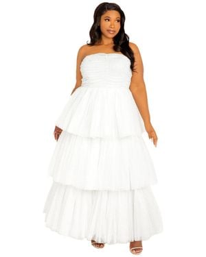 Buxom Couture Plus Size Metallic Polka Dot Tiered Tulle Dress - White