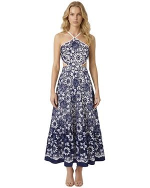 Modenaire Embroidered Floral Halter Midi Dress - Blue
