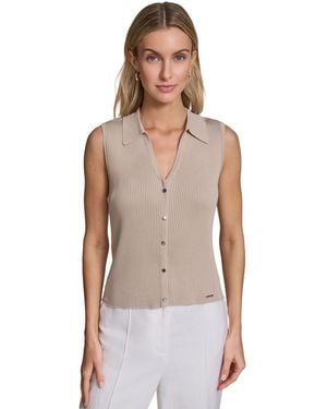 Calvin Klein Sleeveless Button-front Collared Sweater - Multicolor