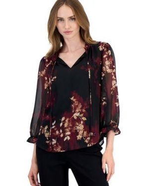 Anne Klein Ruffle Neck Tie Front Floral Blouse - Black