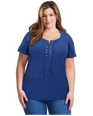 Avenue Plus Size Lacing Detail Tunic Tee - Blue