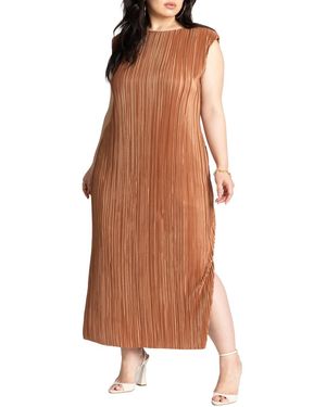 Eloquii Plus Size Plisse Short Sleeve Midi Dress - Brown