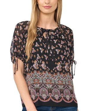 Cece Puff Raglan Short-sleeve Tie Neck Floral-print Blouse - Black