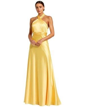 Mac Duggal Omen's Ruched Halter Neck Tie Back Satin Gown - Metallic