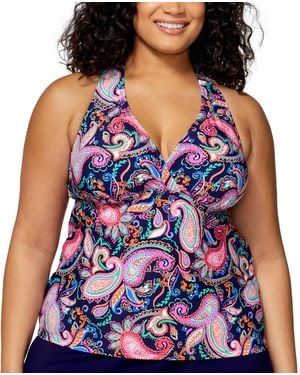 Island Escape Plus Size Paisley-print H-back Tankini Top - Blue