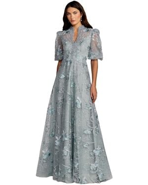 Mac Duggal Embroidered Queen Anne Puff Sleeve A Line Gown - Blue