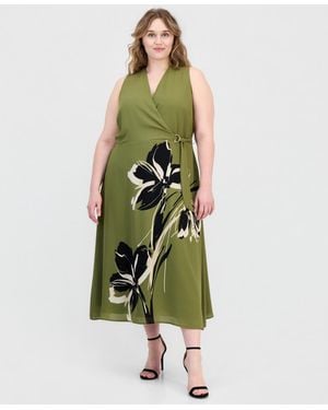 Anne Klein Plus Size Faux-wrap A-line Midi Dress - Green