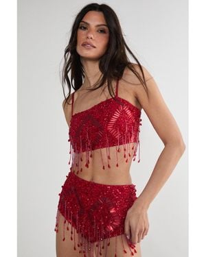 Nasty Gal Embellished Tassel Beaded Crop Top - Red