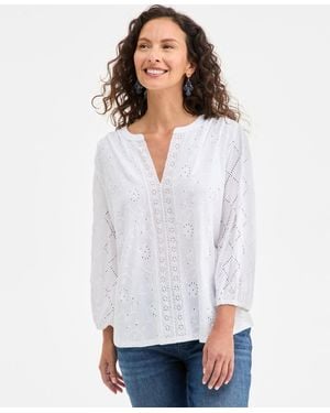 Style & Co. Split-neck Eyelet-embroidered Top - White