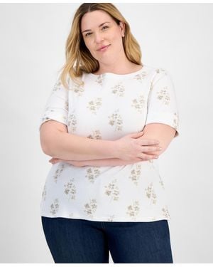 Style & Co. Plus Size Printed Elbow-sleeve Top - White