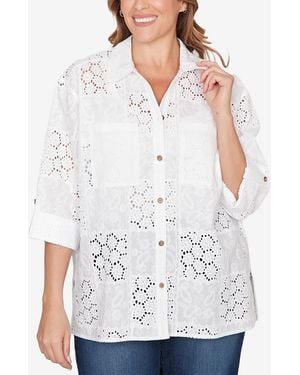 Ruby Rd. Plus Size Patchwork Eyelet Roll-tab Sleeve Top - White