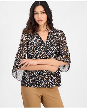 Anne Klein Essentials Petite Printed 3/4-bell-sleeve Split-neck Top - Gray