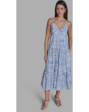 BCBGMAXAZRIA Tiered V-neck Midi Dress - Blue