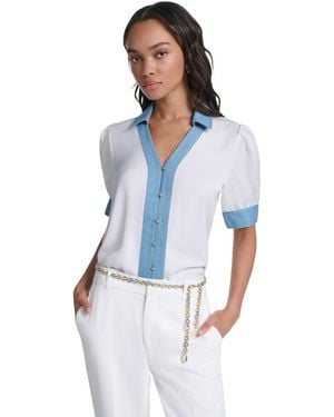 KARL LAGERFELD Petite Collared Button-front Blouse - Blue