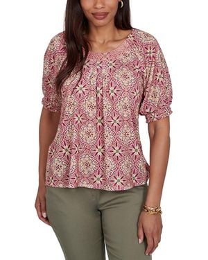 Ruby Rd. Petite Desert Geo Print Lace Trim Knit Top - Red