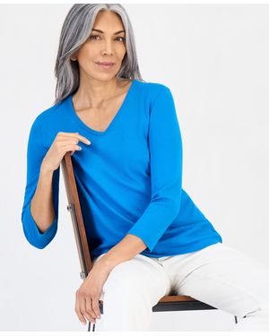 Style & Co. Cotton 3/4-sleeve V-neck Tee - Blue