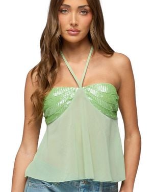 Edikted Kitty Sequin Chiffon Halter Top - Green