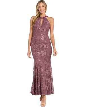 R & M Richards Sequin Lace Keyhole Halter Gown - Red