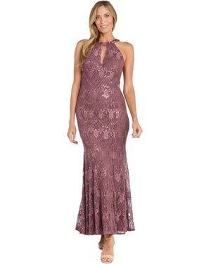 R & M Richards Sequin Lace Keyhole Halter Gown - Red