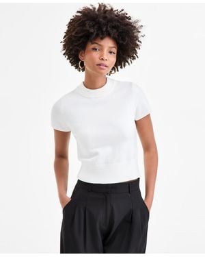 BarIII Short-sleeve Mock Neck Sweater - White