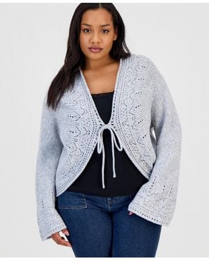 And Now This Trendy Plus Size Pointelle Cutaway Cardigan - Blue