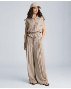 Kenneth Cole Houndstooth Relaxed Fit Linen Blend Vest High Rise Triple Pleated Pants - Natural